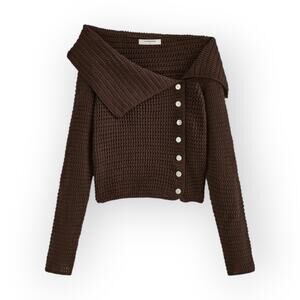 Commense Brown Asymmetric Knit Off-Shoulder Top Cotton Blend Cozy Minimalist XS